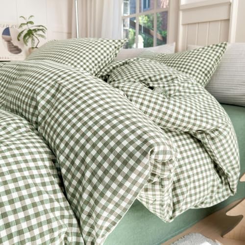 LifeTB Green Gingham Comforter Set California King Modern Style Green Plaid Grid Comforter with 2 Pillowcases Soft Fluffy Checkered Pattern Comforter Farmhouse Gingham Bedding Set Breathable