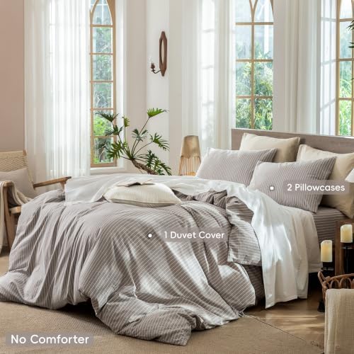 MooMee Striped Duvet Cover Set 100% Washed Cotton Linen Like King