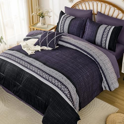 Dintszyayue Purple Comforter Set King Size, 8 Pieces Boho Striped Bed in a Bag Soft Microfiber Bedding Set for All Season