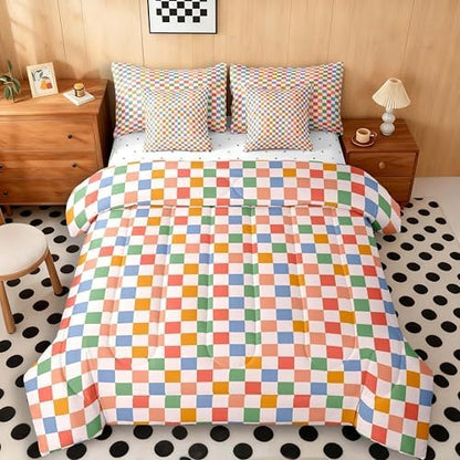 jejeloiu Orange Blue Green Bedding Set 7Pcs Full Size Kids Plaid Checkered Comforter Set with Sheets for Boys Girls Classic Grid Buffalo Check Bed in a Bag Soft Lightweight,Microfiber