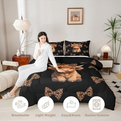 Feelyou Cartoon Highland Cow Comforter Set Queen Size Cute Leopard Bow Print Bedding Set for Kids Boys Girls Kawaii Animal Style Duvet Quilt Bedroom Decor Microfiber 3 Pcs with 2 Pillow Cases