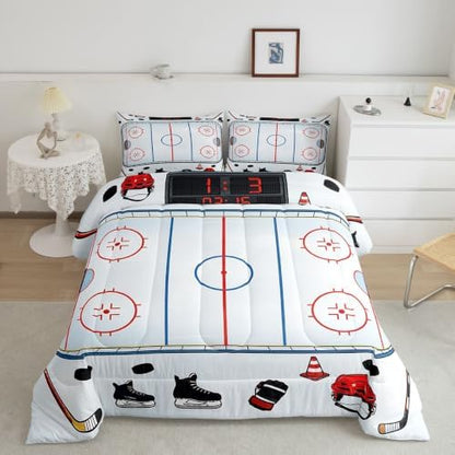 Castle Fairy Ice Hockey Rink Down Comforter Queen Size,Ice Skates Helmet Glove Bedding Sets 3Pcs for Kids Teens Woman Men Room Decor,Cartoon Quilted Duvet Sport Theme Bedspread,2 Pillowcases