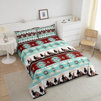 Feelyou Boho Comforter Set Queen Size Horses Comforter Southwestern Native Aztec Bedding Set Farmhouse Wildlife Duvet Set Room Decor Light Blue Quilt Set