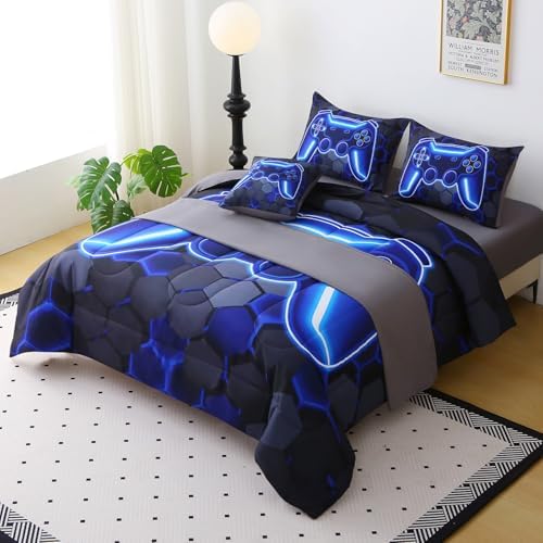 JQinHome Full Size Gaming Bedding Set 6-Piece Comforter for Boys Teens - 3D Video Game Print Bed in a Bag with Sheets, Blue Cool Black Design (Full)