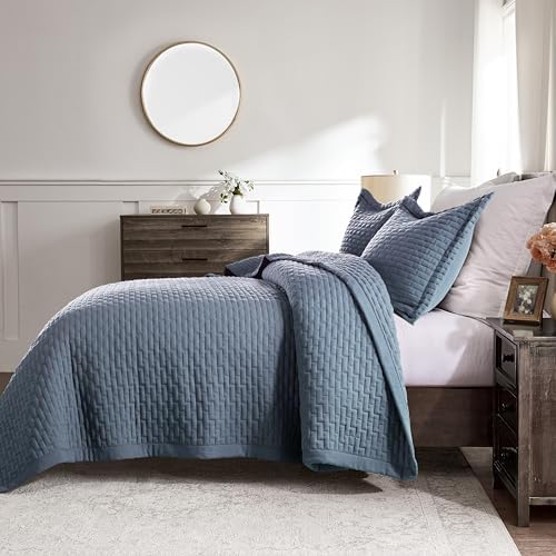 WDCOZY Dusty Blue Twin Size Quilt Set, Geometric Box Lightweight Bedspread, Soft Farmhouse Rustic Coverlet, Spring Summer Thin Comforter, Country Bedding, 68x90 inches