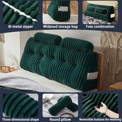 Rycwola Faux Fur Headboard Pillow with 2 Pack Neck Roll Pillow Large Headboard Pillow Soft and Supportive with Removable Cover (Green, Queen)