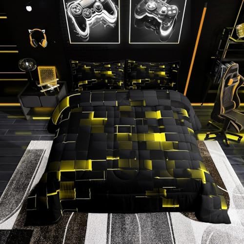 Erosebridal Black Yellow Comforter Set King Neon Geometric Checkered Bedding Set for Kids Adults Abstract Stereoscopic Grids Quilt Square Plaid Bed Set 3 Pcs Gamer Room Decor