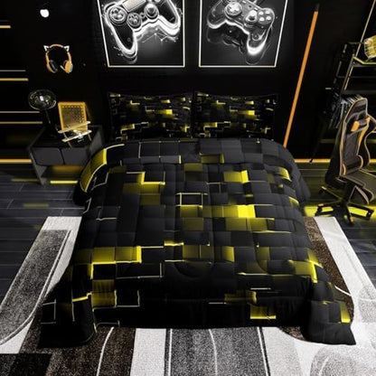 Erosebridal Black Yellow Comforter Set Twin Neon Geometric Checkered Bedding Set for Kids Adults Abstract Stereoscopic Grids Quilt Square Plaid Bed Set 2 Pcs Gamer Room Decor
