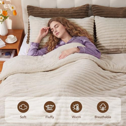 HYLEORY Fluffy Queen Comforter Set 3 Pieces - Fleece Fluffy Soft & Warm Plush Linen Comforter Sets, Luxury Fuzzy Bedding Sets, All Season Heavy Bed Set Queen Size with 2 Pillowcases