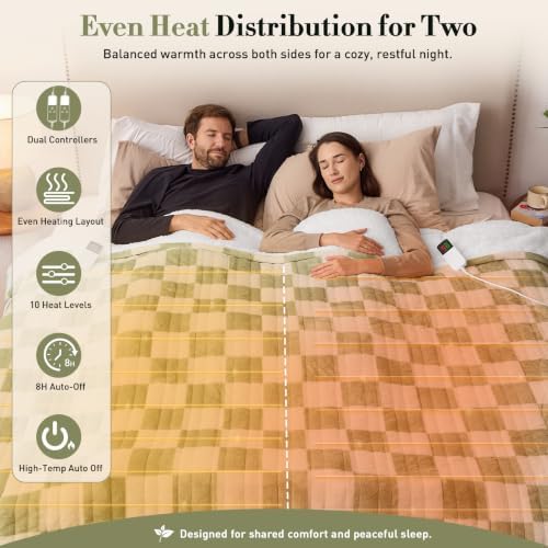 Electric Blanket Heated King Size, 90"X100" Dual Control, Sage Green