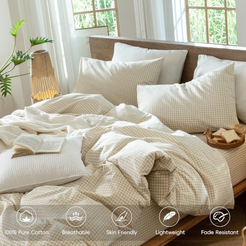MooMee Gingham Duvet Cover Set 100% Washed Cotton Linen Like
