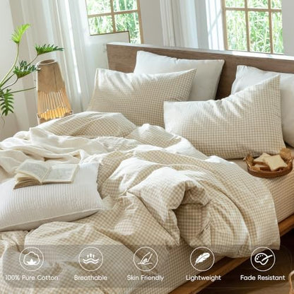 MooMee Gingham Duvet Cover Set 100% Washed Cotton Linen Like