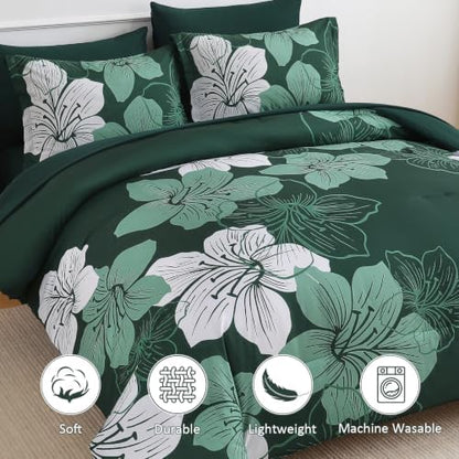 Emerald Green Comforter Set Queen Size, 7 Pieces Floral Bed in a Bag