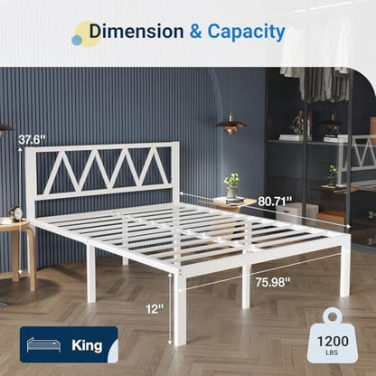 Avenco 14 Inch King Size Bed Frame with Headboard, White Metal Platform Bed Frame, King Bed Frame No Box Spring Needed, Easy Assembly, Heavy Duty Slats Support