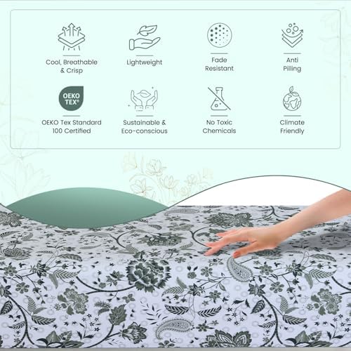Feather & Stitch Fitted Sheet Only, 100% Cotton 300TC Lightweight Cooling & Breathable Percale Weave Fitted Sheet 16" Regular Elastic Deep Pocket Soft Bedding Mattress (King, Green Floral Paisley)