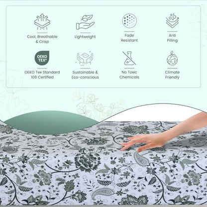 Feather & Stitch Fitted Sheet Only, 100% Cotton 300TC Lightweight Cooling & Breathable Percale Weave Fitted Sheet 16" Regular Elastic Deep Pocket Soft Bedding Mattress (King, Green Floral Paisley)