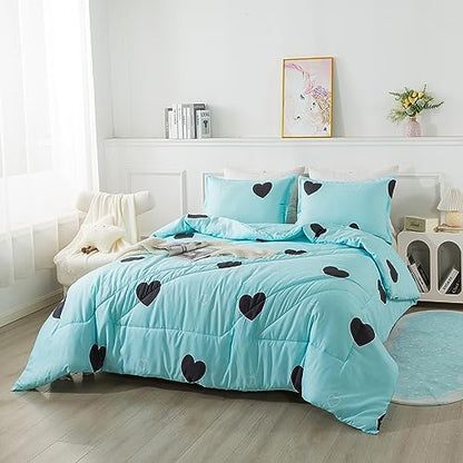 Caressma Blue Comforter Set Twin Size Black Heart 2pcs with Pillowsham