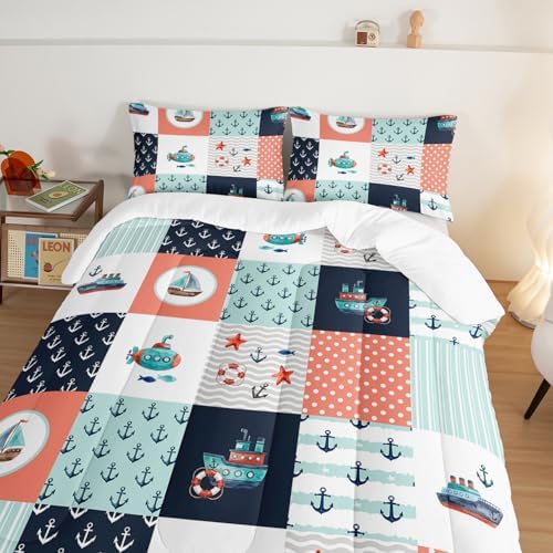 HOSIMA Nautical Bedding Set,Plaid Patchwork Pattern Hand Painted Seaplane,Boat and Anchor Comforter for Boys Kids Girls Bedroom Decor,Sea Adventure Theme Comforter Queen Size with 2 Pillowcases.