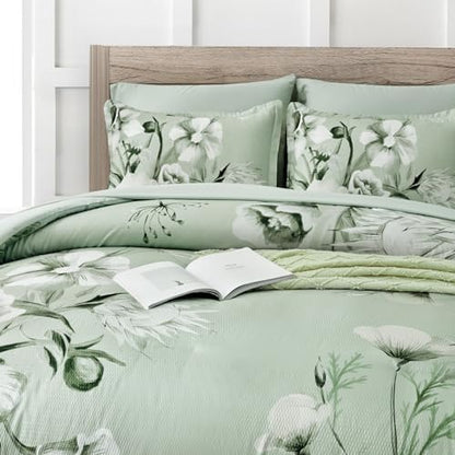 Luxudecor Floral Comforter Set Queen Size 7 Piece, Sage Green Flower Bed in a Bag, Elegant Floral Comforter with Sheet Set, Soft Seersucker Microfiber Bedding Set (Sage Green, 90"x90")