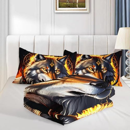 Wolf Comforter Set Twin Size,Dreamcatcher Flame Print Bedding Set for Kids Boys Room Decor,Boho Animal Themed Bedding Soft Lightweight Comforter Sets with 2 Pillowcases.