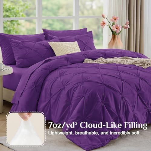 JOLLYVOGUE Twin XL Comforter Set 5 Pieces - Bed in a Bag Twin XL for All Season, Pintuck Bedding Comforter Sets with Comforter, Flat Sheet, Fitted Sheet and Pillowcases & Shams, Purple