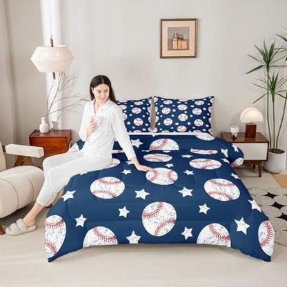Castle Fairy Baseball Comforter Set Full,Vintage White Graffiti Star Bedding Set 3pcs for Kids Boys Teens Room Decor,Ball Sports Games Duvet Insert Navy Blue Quilted Duvet with 2 Pillowcases