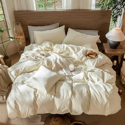 MooMee Wavy Striped Duvet Cover Set 100% Washed Cotton Linen Like Textured Breathable Durable Soft Comfy (Cream White, Super King Plus 120"x120")