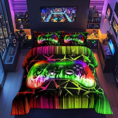 Castle Fairy Video Games 3 Pcs Queen Size Comforter Set,Gamepad Down Alternative Adults Room Decor,Modern 3D Geometric Honeycomb Ultra Soft Microfiber Inner Fill 3Pcs Bedding