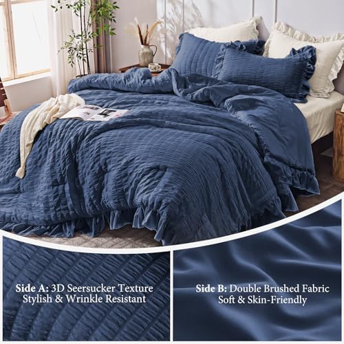 JOLLYVOGUE Oversized King Comforter Set, 3 Pieces Navy Blue Seersucker Comforters, Lightweight & Fluffy Bedding Sets for All Season with 1 Ruffle Comforter and 2 Ruffle Pillowshams