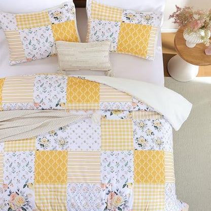 YIKUSH Yellow Floral Full Comforter Set, Soft Lightweight All Season Bedding Set for Women Girls, Cozy Cottagecore Botanical Comforter Full Size with 2 Pillow Shams, Breathable Floral Bed Set