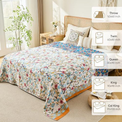 VANJOROY Boho Throw Blanket, 100% Organic Cotton Breathable Skin-Friendly Ultra Soft 50" x 60" Bed Quilt Throw - Floral Rustic Decor Luxury Reversible Blanket for Sofa Couch Chair and Gift,