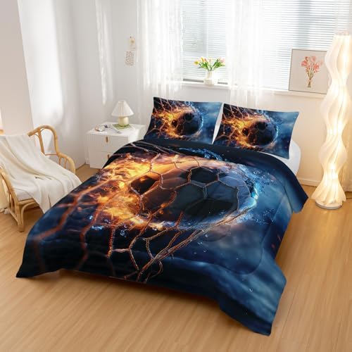 Nttopship Sports Soccer Comforter Set Full Size,Fireball Soccer Ball Bedding Sets 3PCS for Kids Teen Adult Sports Room Decor Ultra-Soft Lightweight Microfiber 1 Comforter with 2 Pillowcases