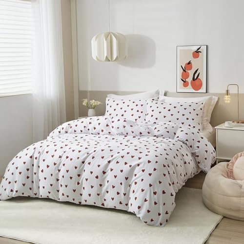 Mucalis Red Heart Duvet Cover King White Duvet Cover 100% Cotton Cute Love Heart 3 Piece Patterned Bedding Set with Zipper Closure Corner Ties,Durable,Soft,Breathable,Easy Care