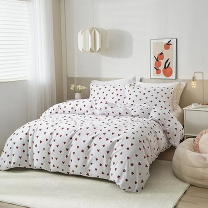 Mucalis Red Heart Duvet Cover King White Duvet Cover 100% Cotton Cute Love Heart 3 Piece Patterned Bedding Set with Zipper Closure Corner Ties,Durable,Soft,Breathable,Easy Care