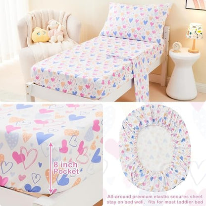 Mooreeke Toddler Bedding Sets for Girls, 4 Pieces Pink Heart Printed