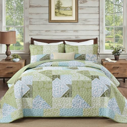 Mybedsoul Quilts Queen Size, Floral Patchwork Bedding Set, Sage Green
