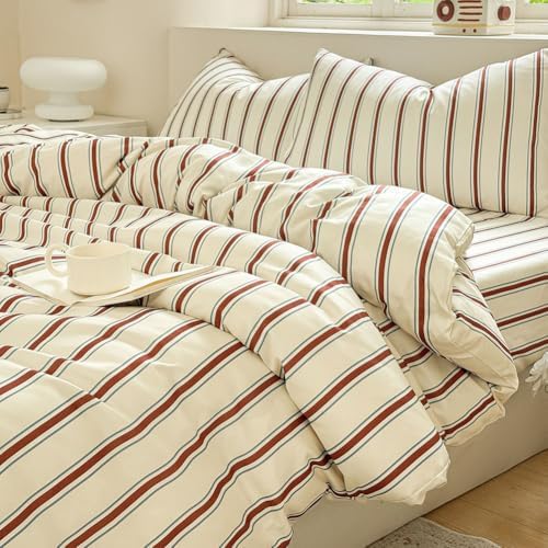 NSNLGSGC Red Brown Retro Striped Duvet Cover Set, Twin