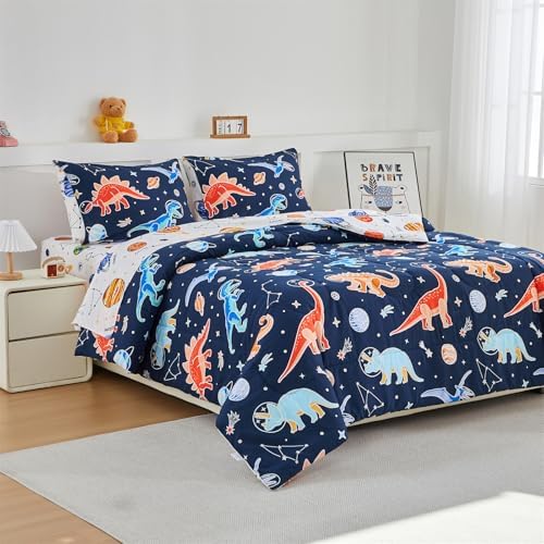 NTBED 5Pcs Glow in The Dark Kids Comforter Set Dinosaur Queen Bedding Set