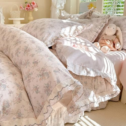 Botanical Floral Duvet Cover with Romantic Ruffle, 100% Cotton Aesthetic Flower Coquette Duvet Cover Twin XL, 3 Piece Girls Princess Lace Comforter Cover, French Country Cottagecore Bedding Set