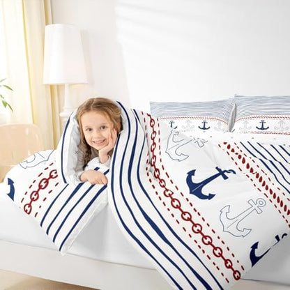 Boys Geometric Striped Comforter Set Navy Blue Anchor Bedding Set King Size Nautical Themed Quilted Duvet 3pcs for Kids Teens Men Adults Room Decor Sea Adventure Duvet Insert White,2 Pillowcases