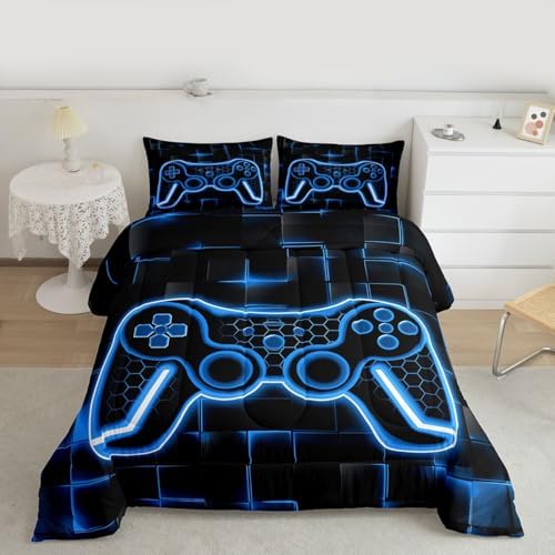 Feelyou Kids Gamer Comforter Set King Size Blue and Black Bedding Set for Boys Teens Decor Honeycomb Gaming Ombre Comforter Geometric Square Duvet Set 3PCS