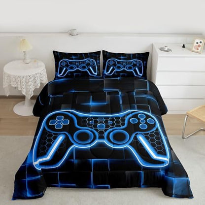Feelyou Kids Gamer Comforter Set King Size Blue and Black Bedding Set for Boys Teens Decor Honeycomb Gaming Ombre Comforter Geometric Square Duvet Set 3PCS