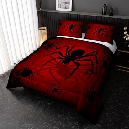 Nttopship Boys Spider Printed Comforter Set Bed in A Bag Twin Size 3PCS Red Bedding Set Cool Black Spider Comforter Set Girls Boys Kids Comforter Bedding Set with 2 Pillowcases