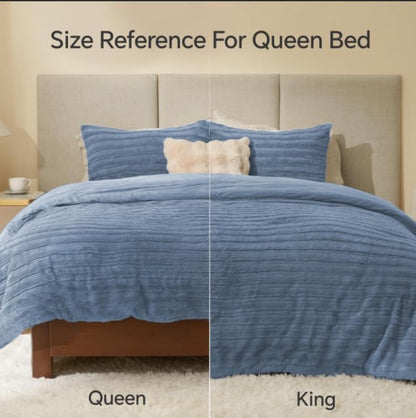 BEDELITE Faux Fur King Size Comforter Set, Fluffy Bed Set, Blue Fog