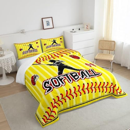 Homewish Teens Softball Player Comforter Set Queen Size,Sports Softball Bedding Set for Kids Boys Girls Bedroom Decoration,Gloves and Hats Bed Duvet Insert,Yellow Red Comforter with 2 Pillowcases