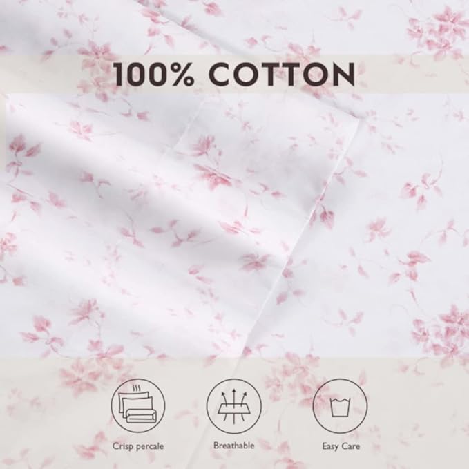 Laura Ashley Home - Standard Pillowcase Set, Cotton Sateen Bedding, Smooth & Wrinkle-Resistant (Garden Muse Pink, 2 Piece)