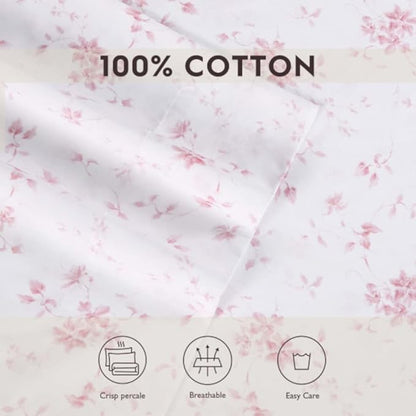 Laura Ashley Home - Standard Pillowcase Set, Cotton Sateen Bedding, Smooth & Wrinkle-Resistant (Garden Muse Pink, 2 Piece)