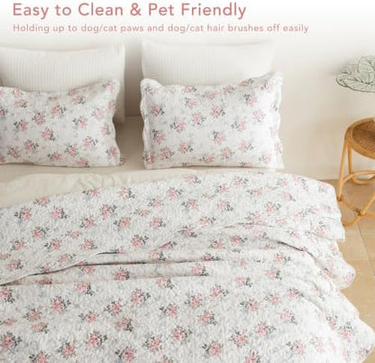 Lady Ann Cotton Floral Quilt Set, Vintage Oversized King Bedspread 120x120 for Extra Large Bed, Blush Pink Rose Pattern Printed Quilted Coverlet with Scalloped Edge, 3 Pcs Bedding Set