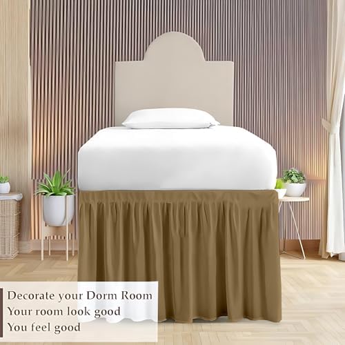 Dorm Bed Skirt Twin XL 36 Inch Drop, Easy to Install Extra Long Wrap Around Elastic Dust Ruffle, Bedskirt Solid Silky Fabric Machine Washable, Ruffled College Dorm Room Taupe