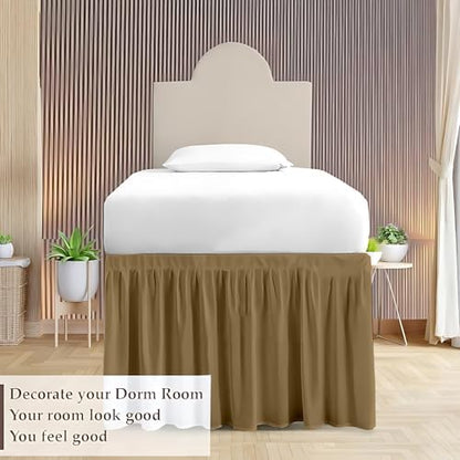Dorm Bed Skirt Twin XL 36 Inch Drop, Easy to Install Extra Long Wrap Around Elastic Dust Ruffle, Bedskirt Solid Silky Fabric Machine Washable, Ruffled College Dorm Room Taupe